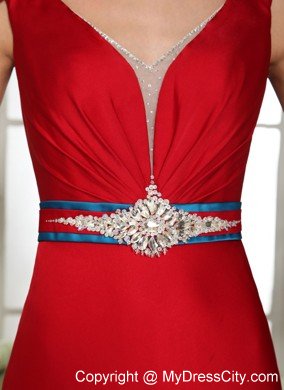 Red V-neck Beading Prom Evening Gowns With Cap Sleeves