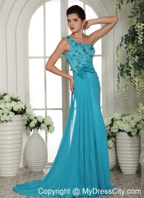 2013 Baby Blue Appliques Prom Gowns With One Shoulder