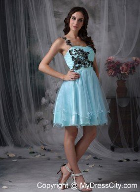 Aqua Blue Mini-length Appliques Prom Dress with One Shoulder