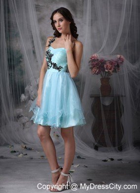 Aqua Blue Mini-length Appliques Prom Dress with One Shoulder