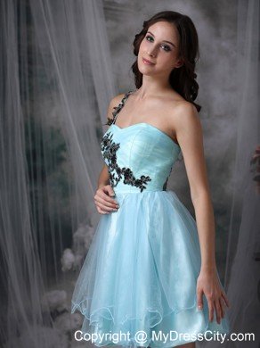 Aqua Blue Mini-length Appliques Prom Dress with One Shoulder