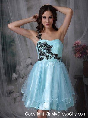 Aqua Blue Mini-length Appliques Prom Dress with One Shoulder