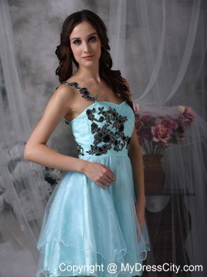 Aqua Blue Mini-length Appliques Prom Dress with One Shoulder