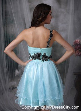 Aqua Blue Mini-length Appliques Prom Dress with One Shoulder