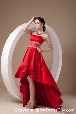 High-low Red A-line Beading Prom Dress with Elastic Wove Satin