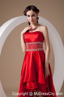 High-low Red A-line Beading Prom Dress with Elastic Wove Satin