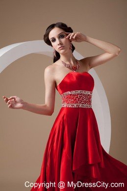 High-low Red A-line Beading Prom Dress with Elastic Wove Satin