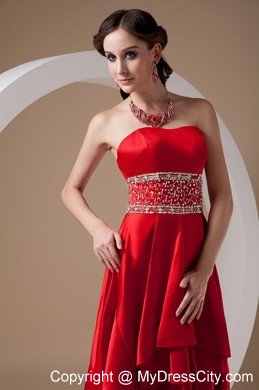 High-low Red A-line Beading Prom Dress with Elastic Wove Satin