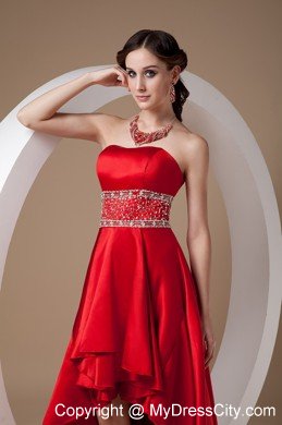 High-low Red A-line Beading Prom Dress with Elastic Wove Satin