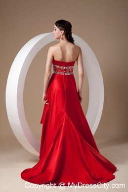 High-low Red A-line Beading Prom Dress with Elastic Wove Satin