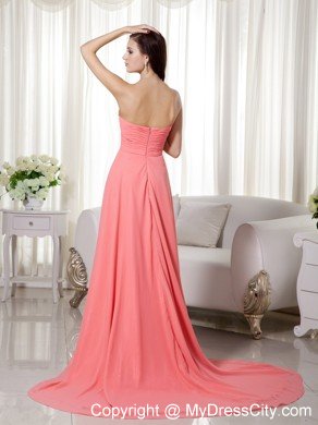 Empire Watermelon High-low Chiffon Beading Prom Dress