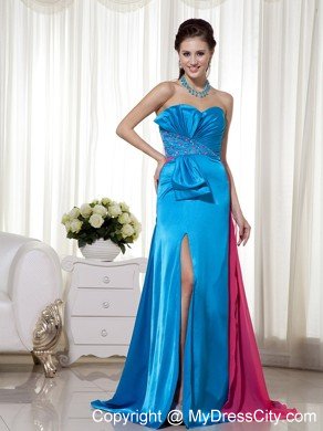 Teal and Hot Pink Elastic Woven Satin Beaded Prom Gown