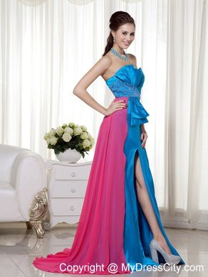 Teal and Hot Pink Elastic Woven Satin Beaded Prom Gown