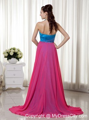 Teal and Hot Pink Elastic Woven Satin Beaded Prom Gown