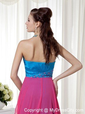 Teal and Hot Pink Elastic Woven Satin Beaded Prom Gown