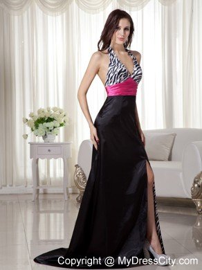 Black Column Halter Brush Train Zebra Prom Dress with Silt