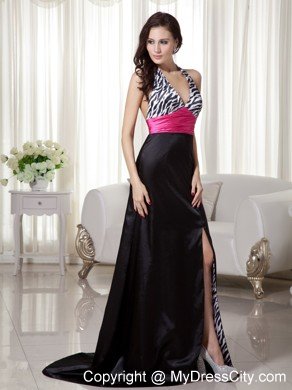 Black Column Halter Brush Train Zebra Prom Dress with Silt