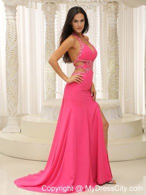 Hot Pink Halter Beaded Decorate Prom Dress with Cut Out Waist