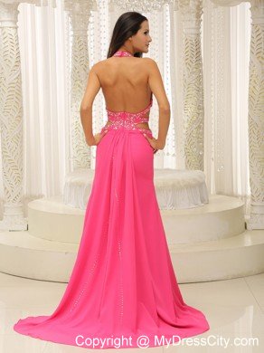 Hot Pink Halter Beaded Decorate Prom Dress with Cut Out Waist
