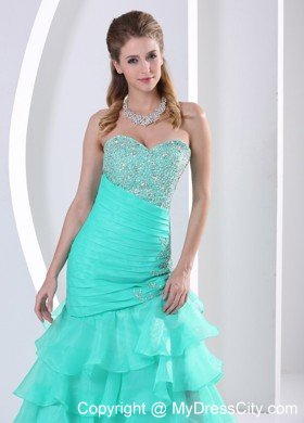 Turquoise Ruched Layered Beaded Sweetheart Prom Dress