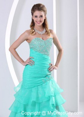 Turquoise Ruched Layered Beaded Sweetheart Prom Dress