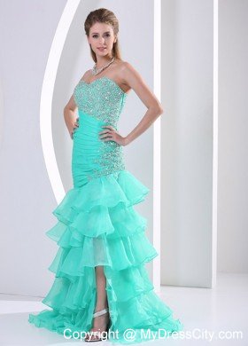 Turquoise Ruched Layered Beaded Sweetheart Prom Dress