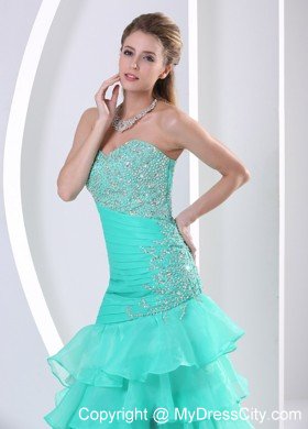 Turquoise Ruched Layered Beaded Sweetheart Prom Dress