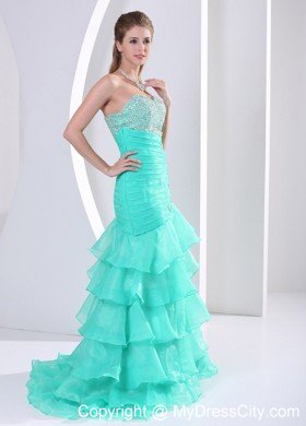 Turquoise Ruched Layered Beaded Sweetheart Prom Dress