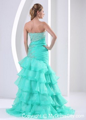 Turquoise Ruched Layered Beaded Sweetheart Prom Dress