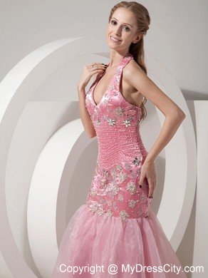 Baby Pink Mermaid Halter Appliques Prom Dress With Brush Train