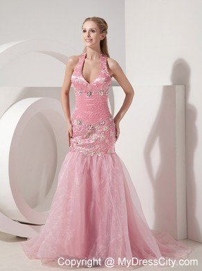 Baby Pink Mermaid Halter Appliques Prom Dress With Brush Train