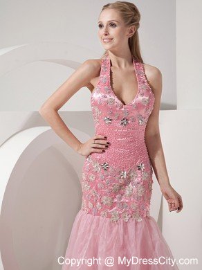 Baby Pink Mermaid Halter Appliques Prom Dress With Brush Train