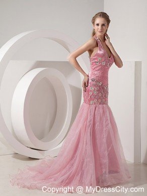 Baby Pink Mermaid Halter Appliques Prom Dress With Brush Train