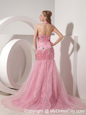 Baby Pink Mermaid Halter Appliques Prom Dress With Brush Train