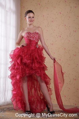 High Low Style Dropped Beading Tiered Prom Dress in Red