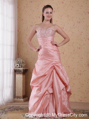 Popular Peach Column Taffeta Beaded Dress for Prom