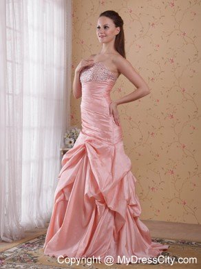 Popular Peach Column Taffeta Beaded Dress for Prom