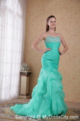 Turquoise Mermaid Brush Train Beading and Ruches Prom Gown