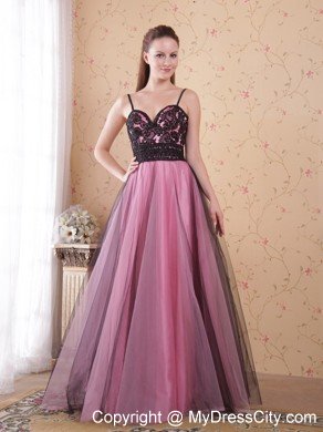 Rose Pink A-Line Spaghetti Straps Zipper Tulle Lace Prom Dress