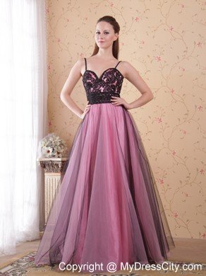 Rose Pink A-Line Spaghetti Straps Zipper Tulle Lace Prom Dress