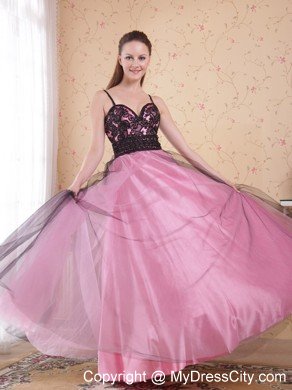 Rose Pink A-Line Spaghetti Straps Zipper Tulle Lace Prom Dress