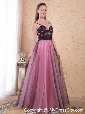 Rose Pink A-Line Spaghetti Straps Zipper Tulle Lace Prom Dress