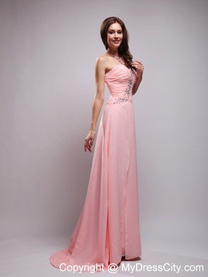 Baby Pink Brush Train Chiffon Beading and Ruched Prom Dress