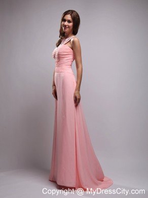 Baby Pink Brush Train Chiffon Beading and Ruched Prom Dress