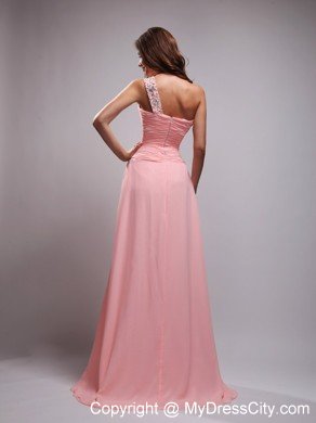 Baby Pink Brush Train Chiffon Beading and Ruched Prom Dress