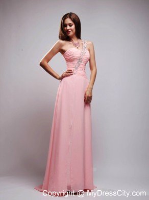 Baby Pink Brush Train Chiffon Beading and Ruched Prom Dress