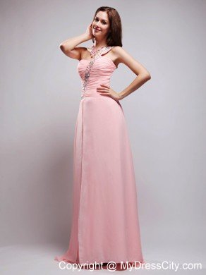 Baby Pink Brush Train Chiffon Beading and Ruched Prom Dress