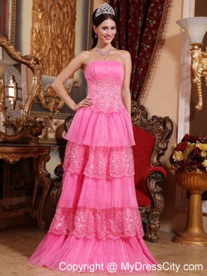 Pink Empire Strapless Floor-length Lace Appliques Prom Dress