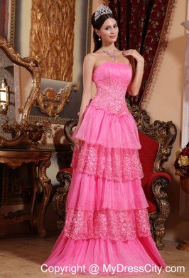 Pink Empire Strapless Floor-length Lace Appliques Prom Dress