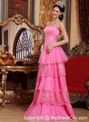 Pink Empire Strapless Floor-length Lace Appliques Prom Dress